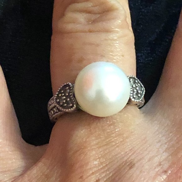Vintage Sterling Silver Marcasite Pearl Hearts Rin